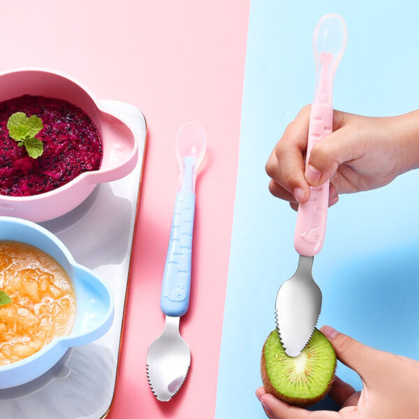 2 In 1 Children's Baby Feeding Spoon Baby Scraper Apple Puree Spoon Set Complementary Food Scraper Double-headed Stainless Steel Fruit Puree Tool