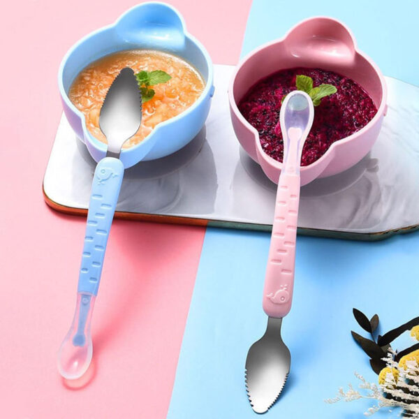 2 In 1 Children's Baby Feeding Spoon Baby Scraper Apple Puree Spoon Set Complementary Food Scraper Double-headed Stainless Steel Fruit Puree Tool - Image 3