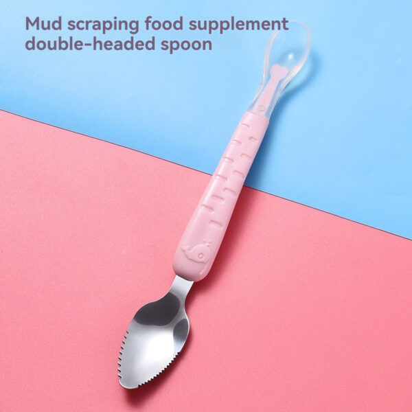 2 In 1 Children's Baby Feeding Spoon Baby Scraper Apple Puree Spoon Set Complementary Food Scraper Double-headed Stainless Steel Fruit Puree Tool - Image 4