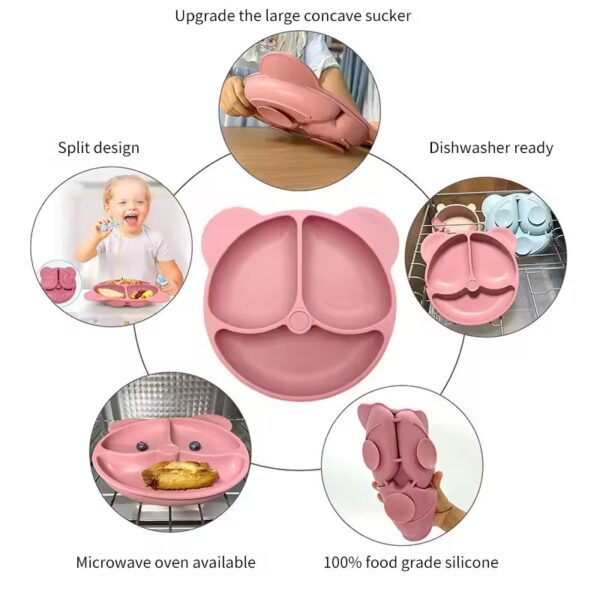 Cartoon Bear Shaped Baby Silicone Plate Cute Portable Suction Plate Kids Divided Plate Non-Slip Strong Suction Dishes for Baby Toddlers - Image 7