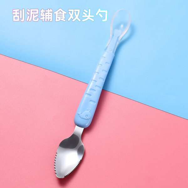 2 In 1 Children's Baby Feeding Spoon Baby Scraper Apple Puree Spoon Set Complementary Food Scraper Double-headed Stainless Steel Fruit Puree Tool - Image 9